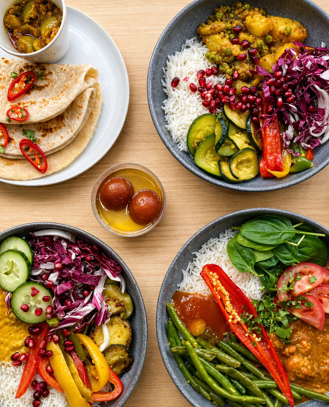 Quatre curry bowls servis ensemble